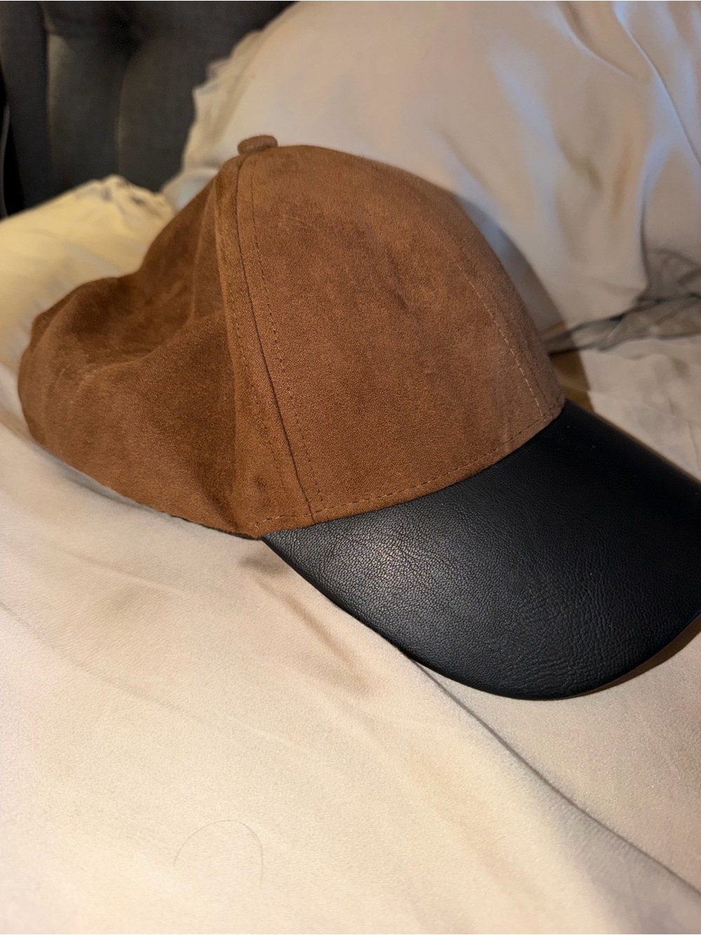 Wilfred Brown Suede Baseball Cap with Black Leather Brim